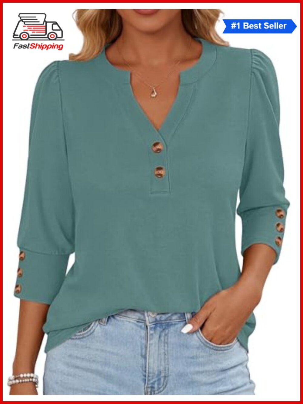Women's 3/4 Sleeve Henley Blouse Loose Fit Tunic Top Business Casual